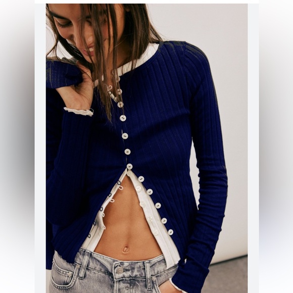 Free People Tilly Long-Sleeve Cardi Deeper Iris Navy - Picture 1 of 6